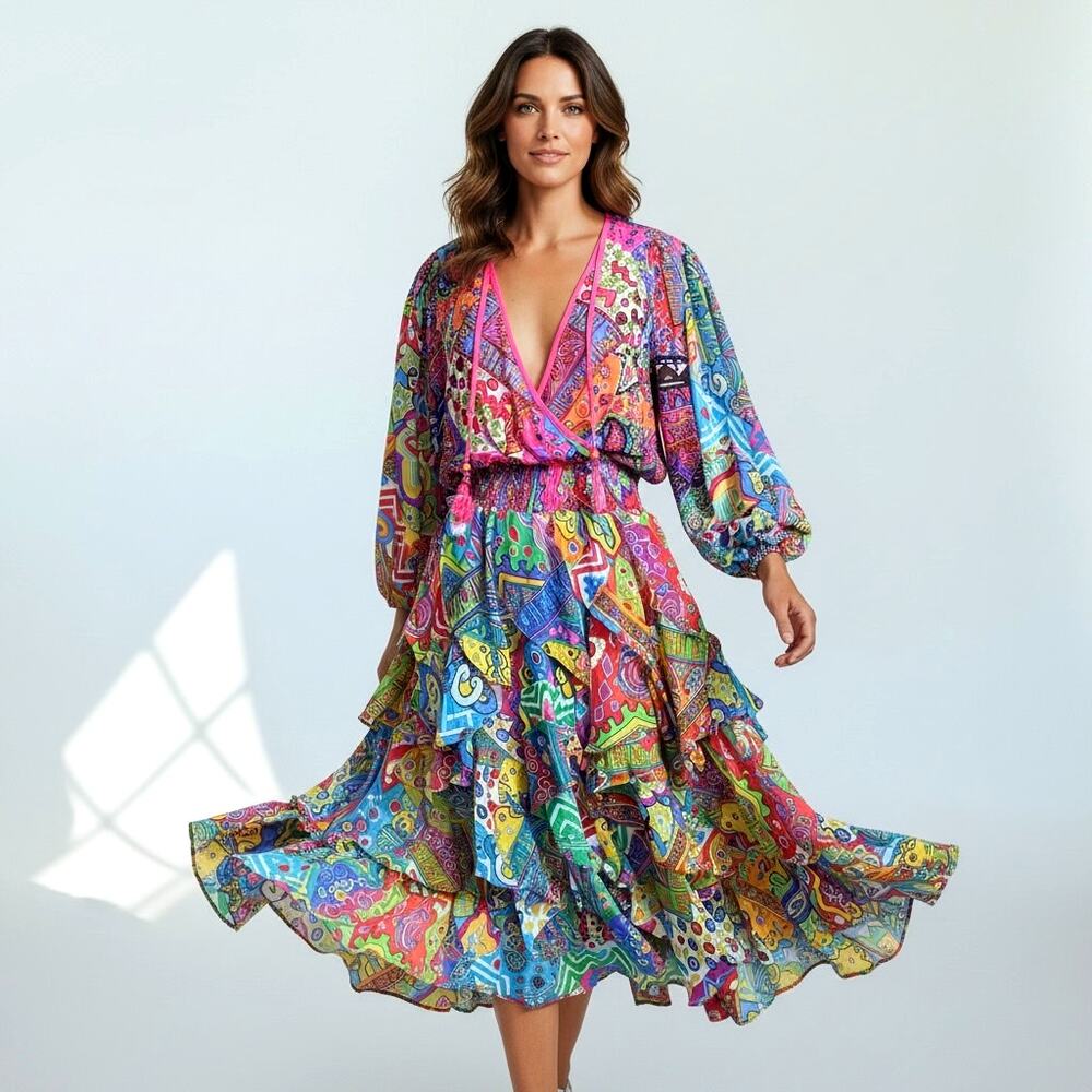 Diane Freis Vintage NEW Beaded Blend Boho Dress M Multicolor Layered Ruffle